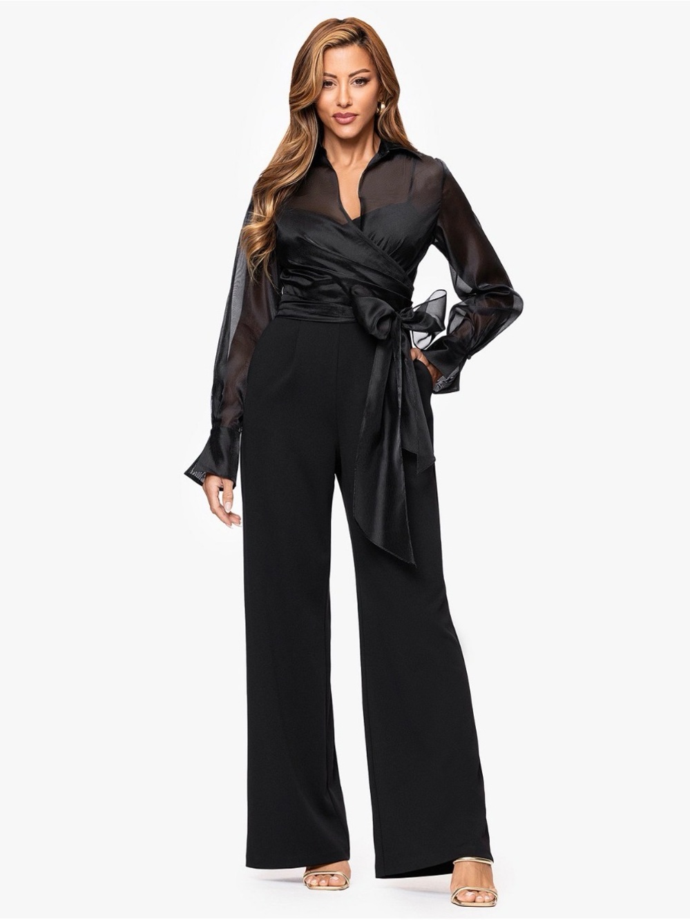 Xscape Women's V-Neck Long Sleeve wide-Leg Jumpsuit. Black. US 4. R9B